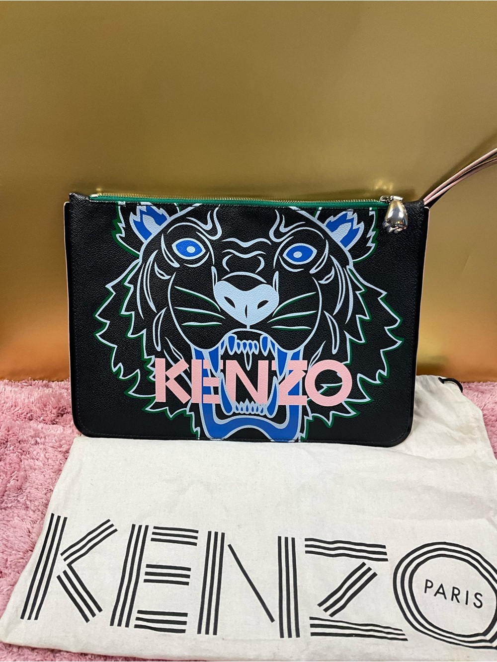 Kenzo Black Pouch with Multicolor Tiger Graphic